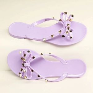 Studded Bow Accent Jelly Thong Sandals